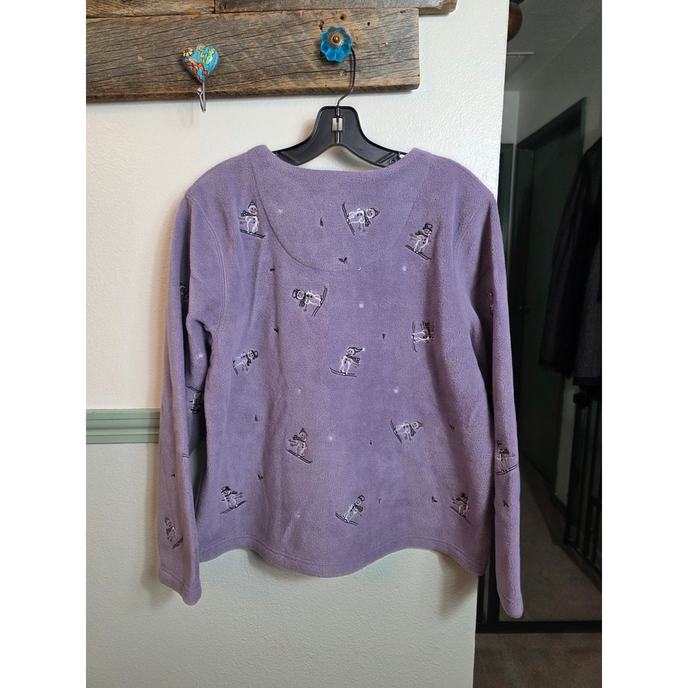 Vintage Christopher & Banks Fleece Cardigan Sweater Purple Snowman Ski Large - Picture 3 of 13